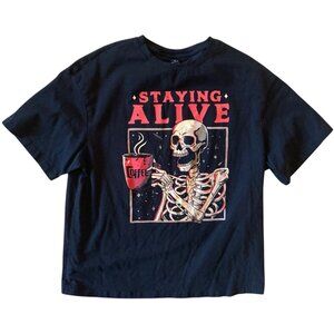 Men's SHEIN X Staying Alive Skeleton Drinking Coffee Graphic Tee T-Shirt Medium